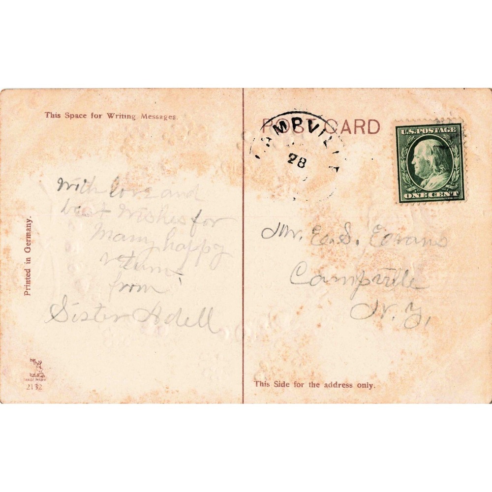 Antique Embossed Birthday Postcard Pink Roses Blue Forget-Me-Nots Germany 2132 - Picture 2 of 2